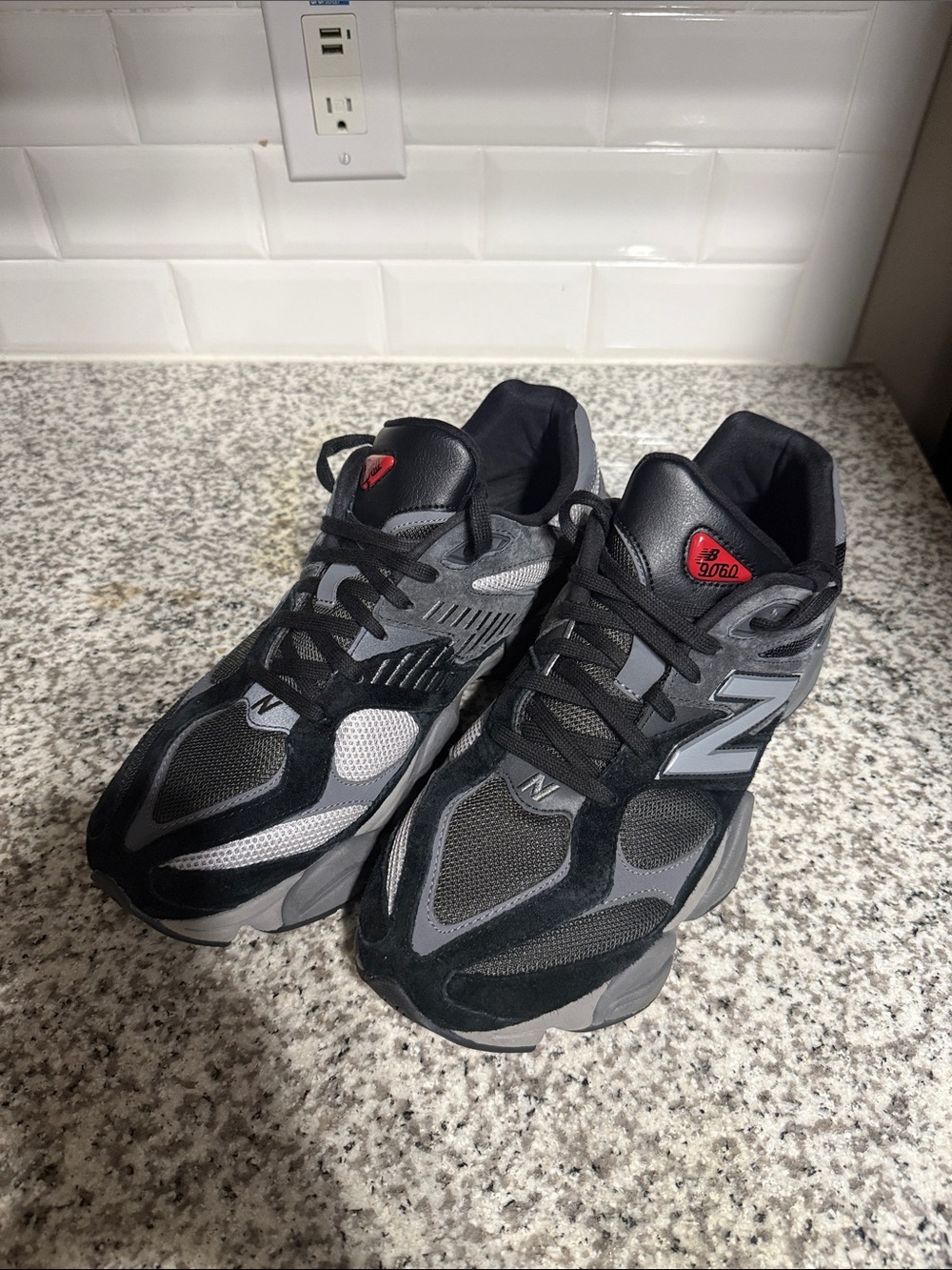 New Balance 9060 Black, Gray & Red Accent Sneakers